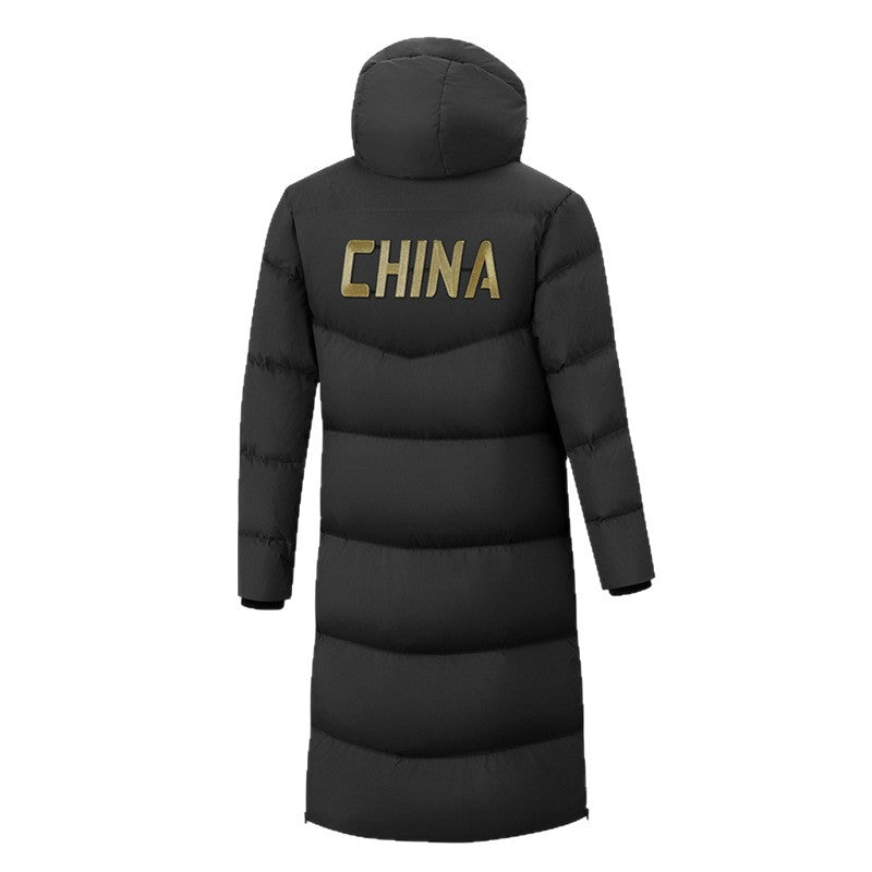 Long, knee-length down coat